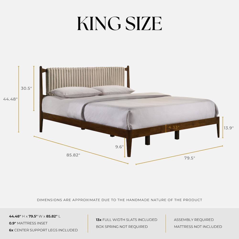 Ella Wooden King size Platform Bed in Walnut and Beige. Picture 6