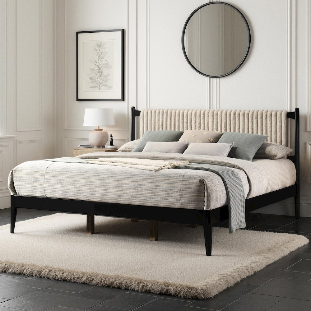 Ella Wooden King size Platform Bed in Black and Beige. Picture 10