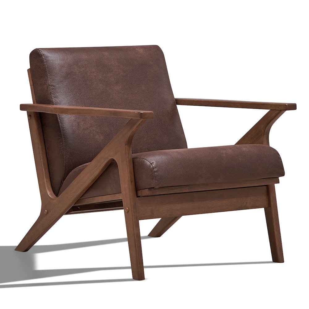 Zola Solid Wood and Fabric Upholstered Accent Armchair in Brown. Picture 1