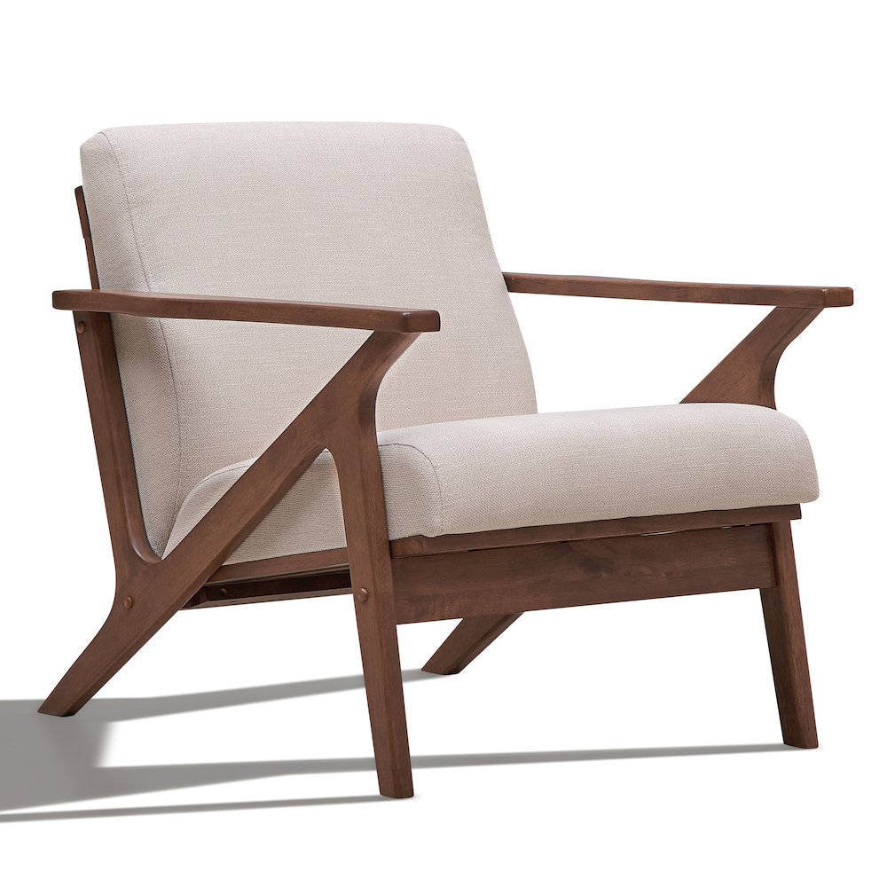 Zola Solid Wood and Fabric Upholstered Accent Armchair in Walnut/Beige. Picture 1