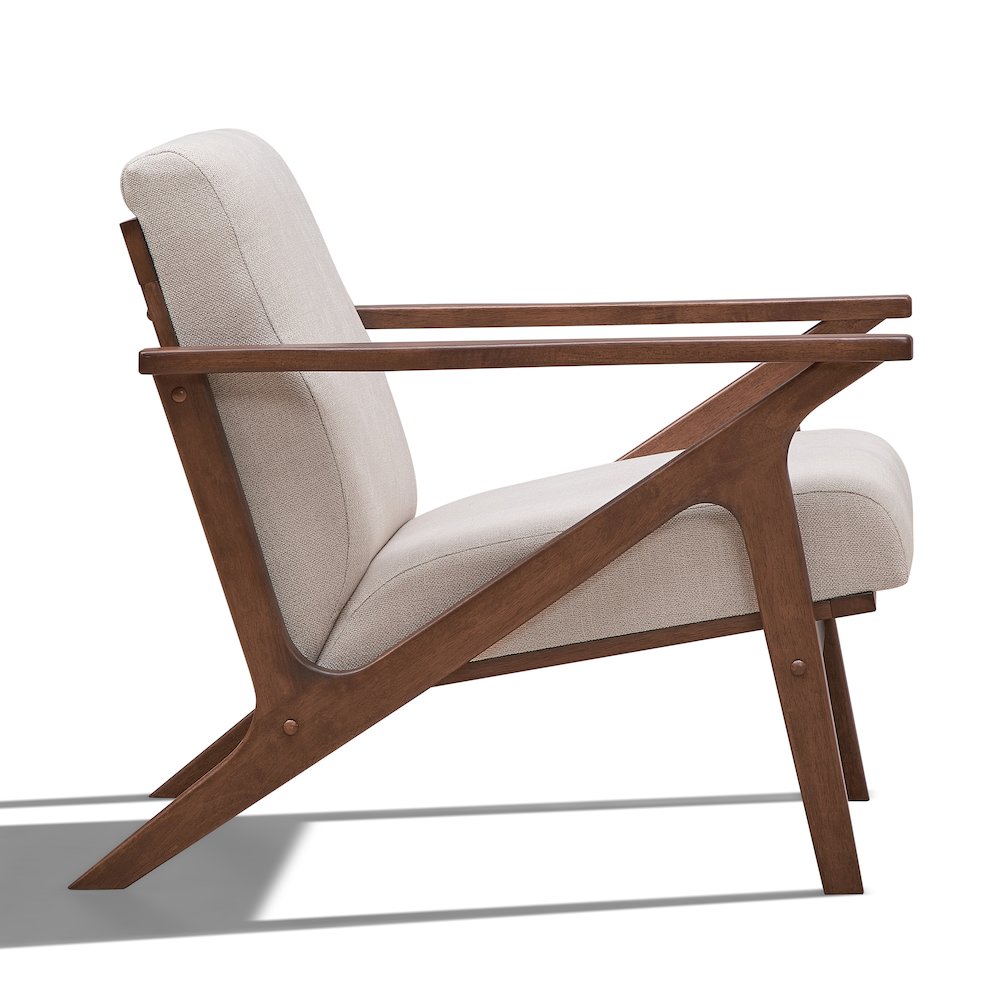 Zola Solid Wood and Fabric Upholstered Accent Armchair in Walnut/Beige. Picture 2