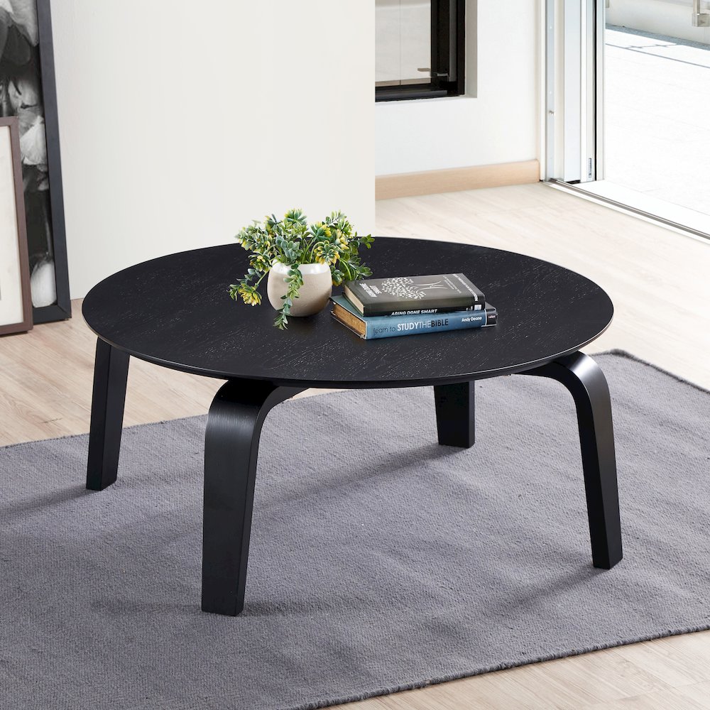 Mod Round Shape Mid-Century Wood Coffee Table in Black. Picture 3