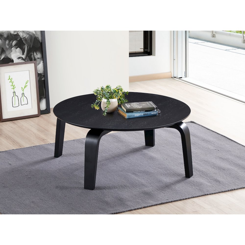 Mod Round Shape Mid-Century Wood Coffee Table in Black. Picture 4