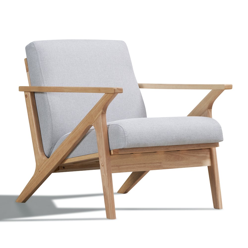 Zola Solid Wood and Fabric Accent Armchair in Oak and Light Gray. Picture 1