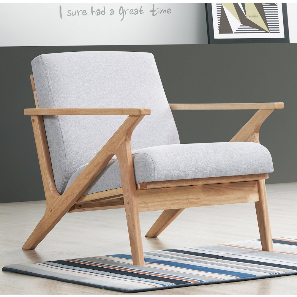 Zola Solid Wood and Fabric Accent Armchair in Oak and Light Gray. Picture 6