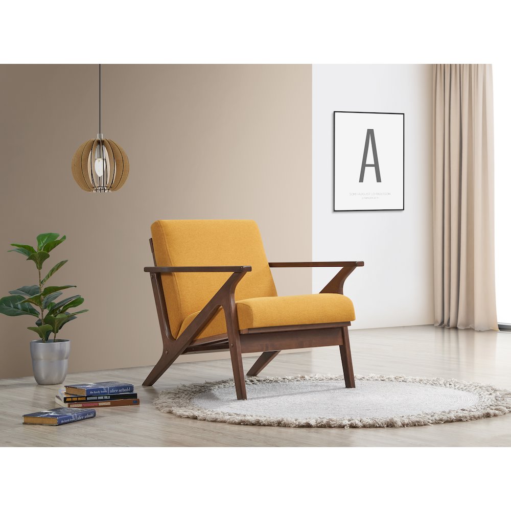 Zola Solid Wood and Fabric Accent Armchair in Walnut and Mustard. Picture 5