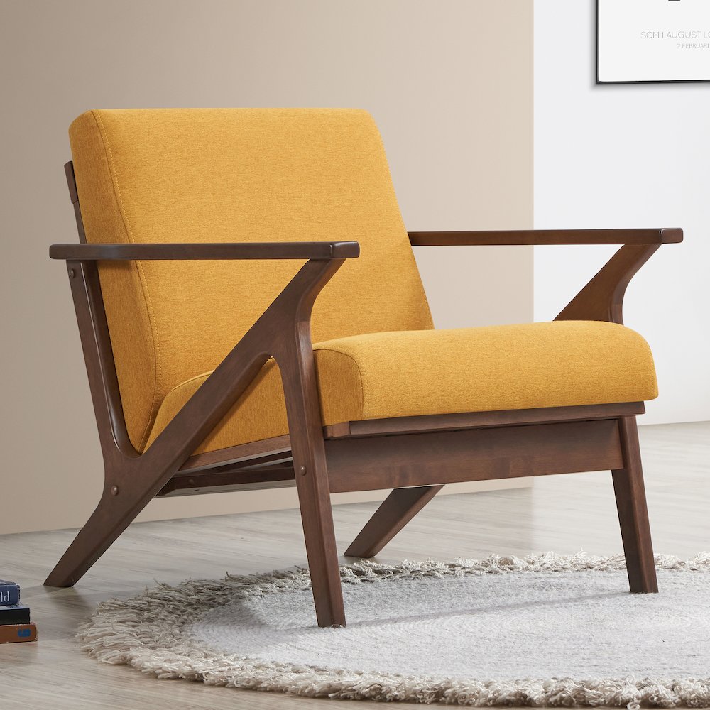 Zola Solid Wood and Fabric Accent Armchair in Walnut and Mustard. Picture 6