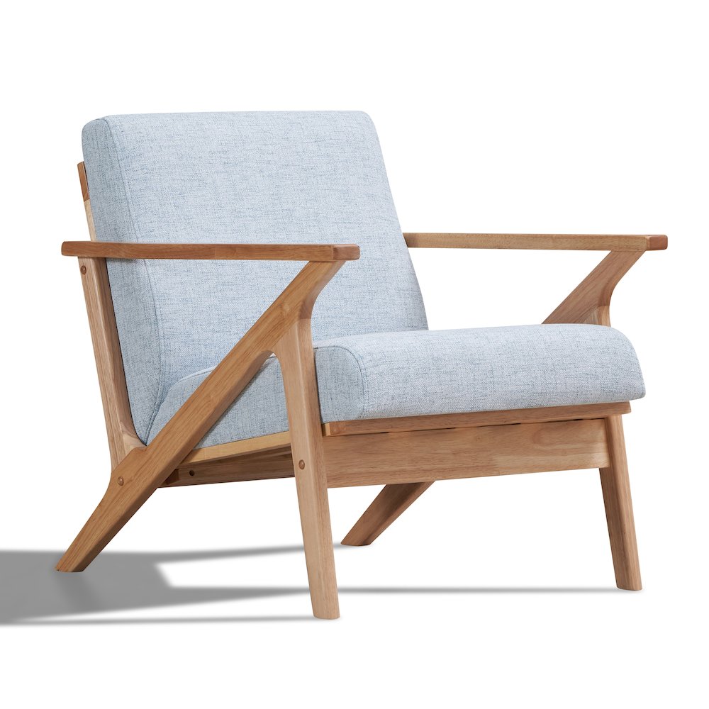 Zola Solid Wood and Fabric Accent Armchair in Oak and Light Blue. Picture 1