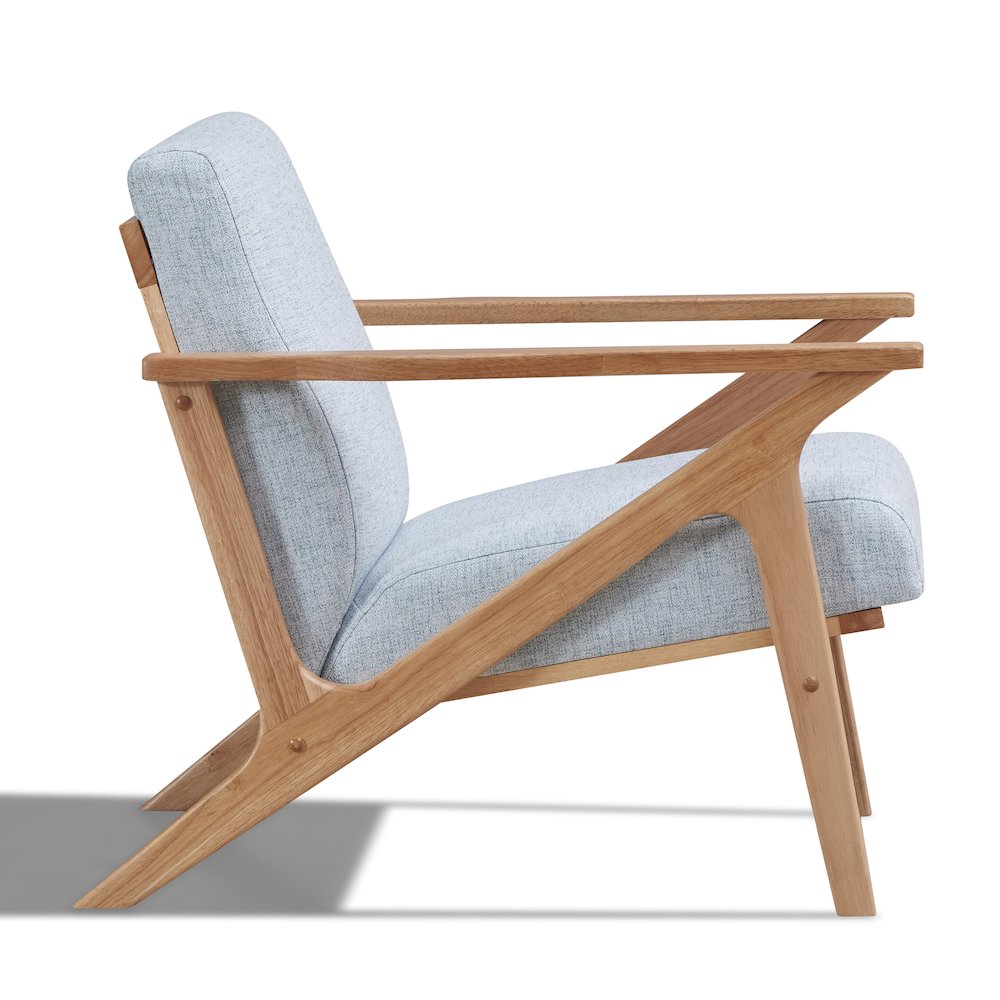 Zola Solid Wood and Fabric Accent Armchair in Oak and Light Blue. Picture 2