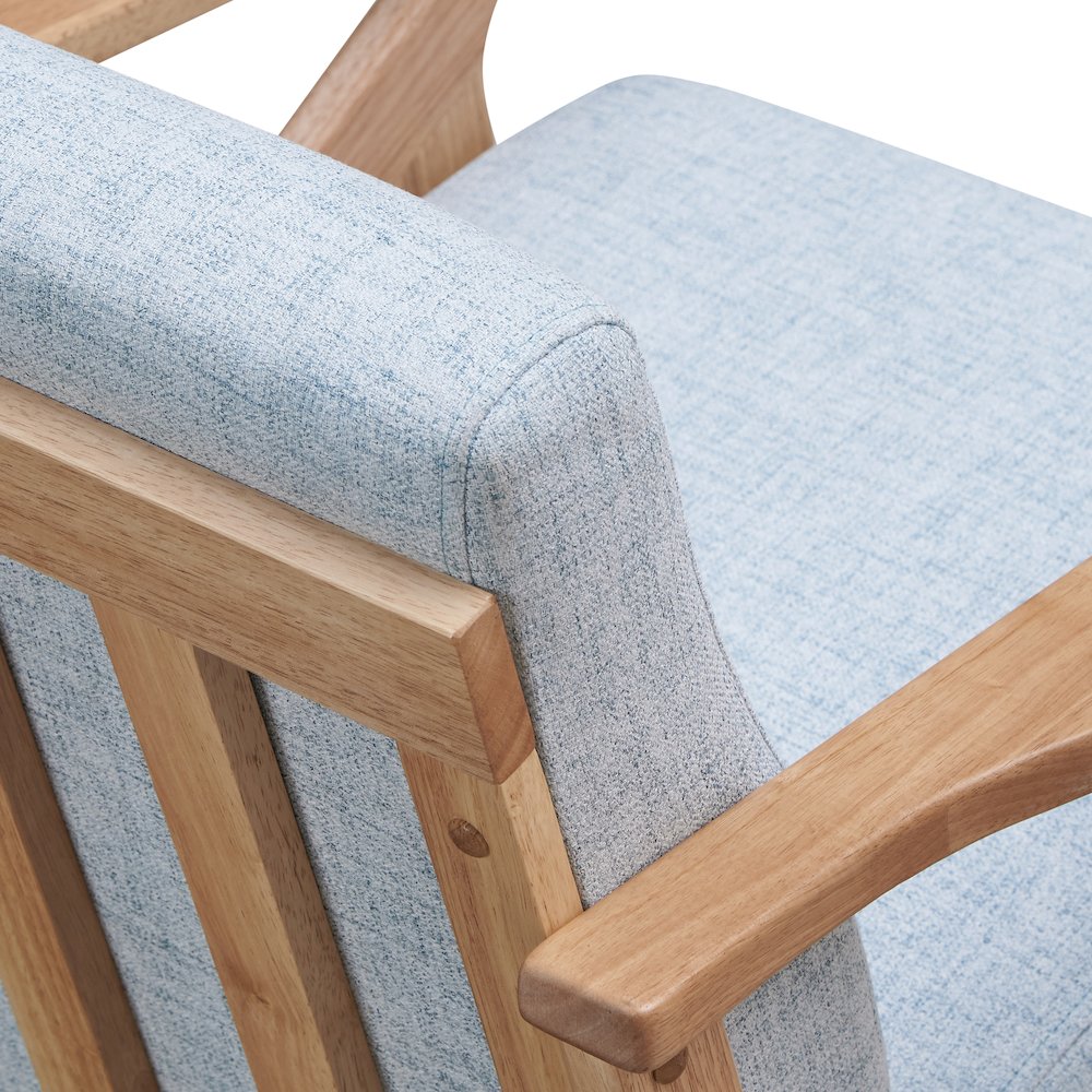 Zola Solid Wood and Fabric Accent Armchair in Oak and Light Blue. Picture 4