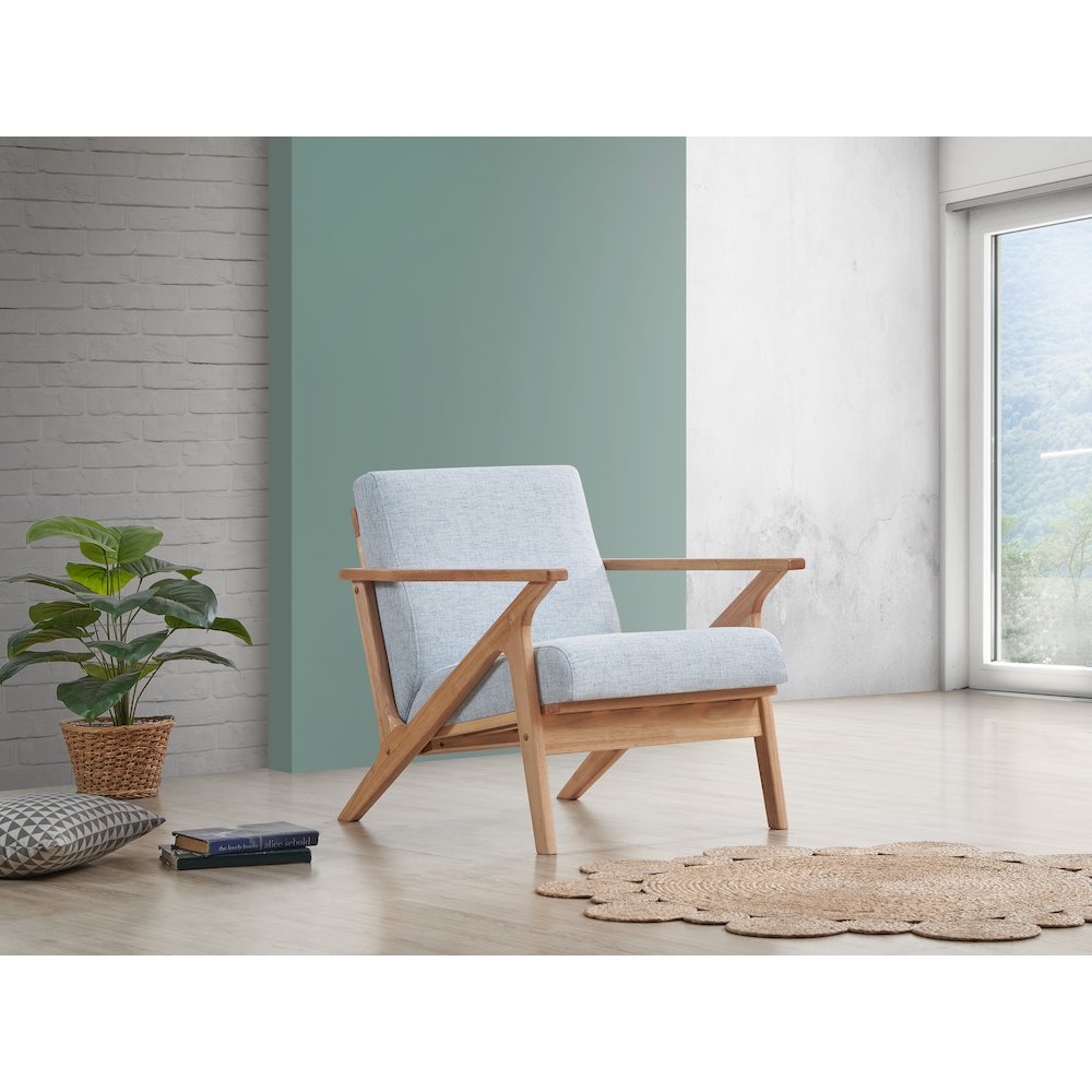 Zola Solid Wood and Fabric Accent Armchair in Oak and Light Blue. Picture 5