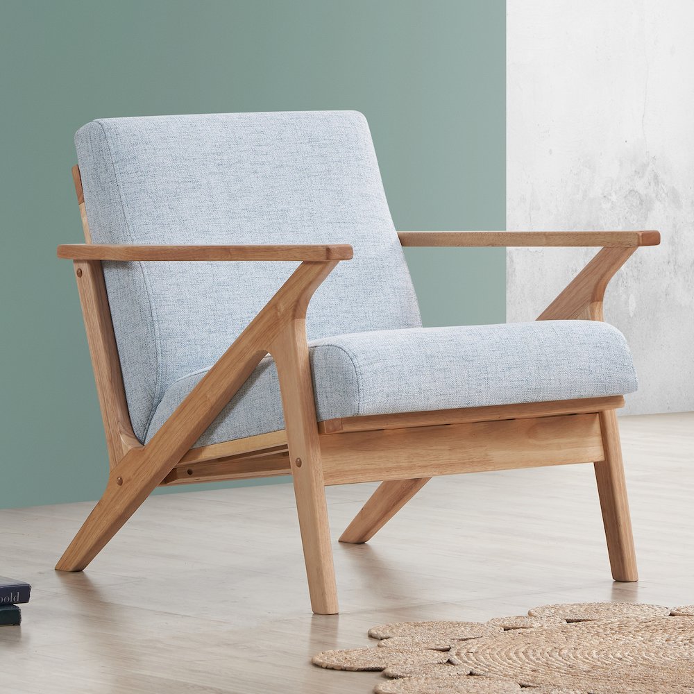 Zola Solid Wood and Fabric Accent Armchair in Oak and Light Blue. Picture 6