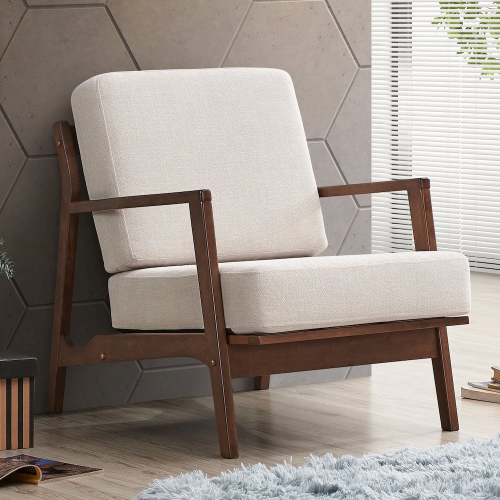 Jasper Solid Wood and Fabric Upholstered Accent Armchair in Beige. Picture 7