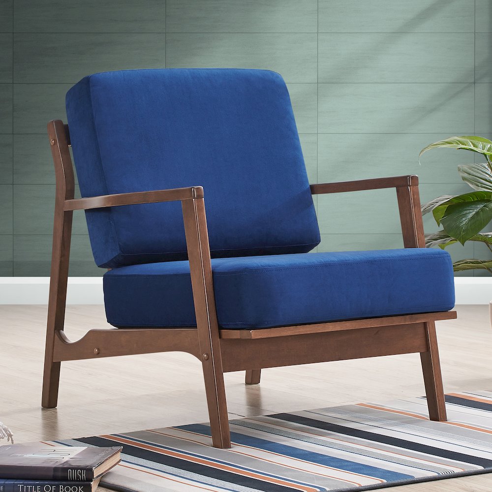 Jasper Solid Wood and Velvet Upholstered Accent Armchair in Blue. Picture 7