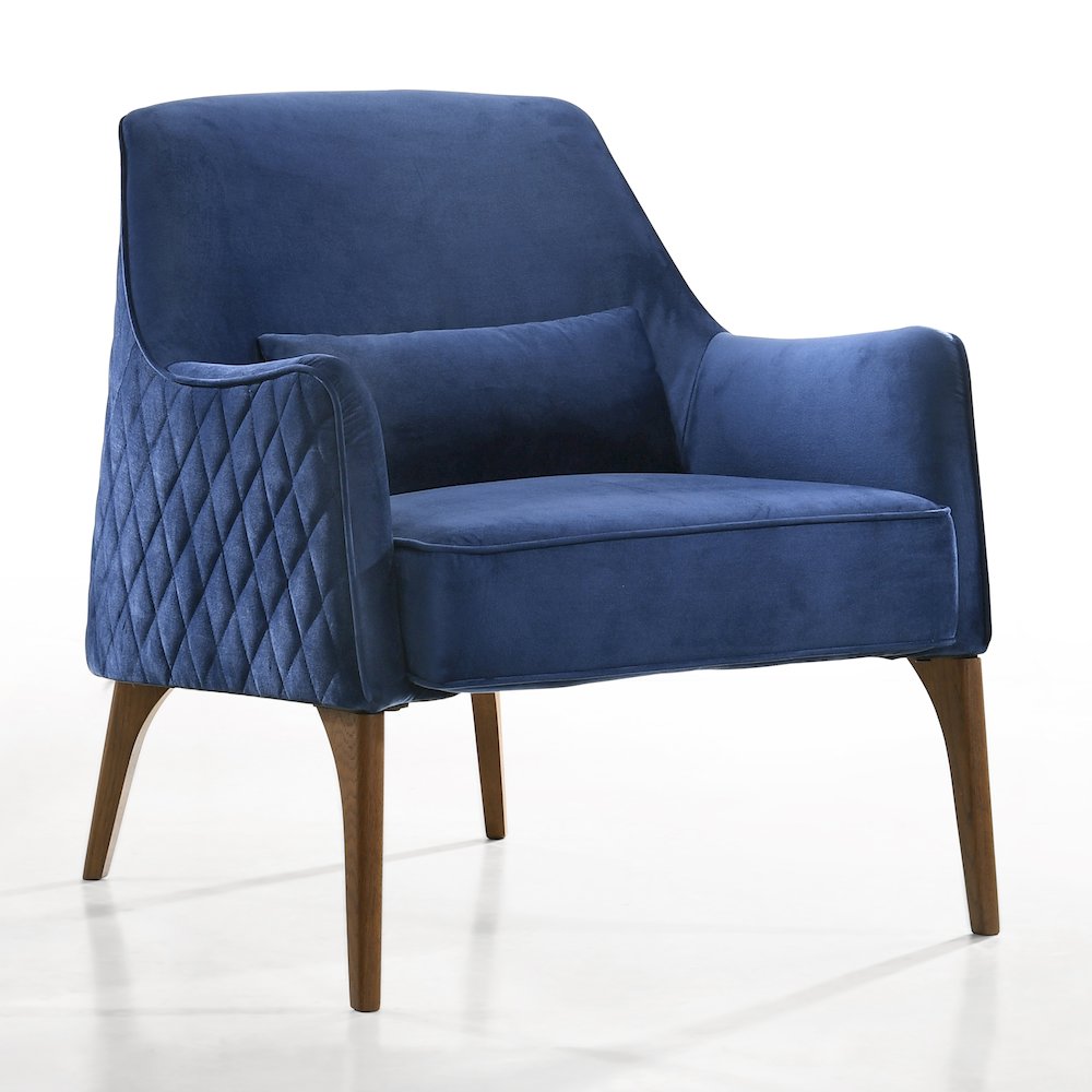 Jane Wood and Velvet Upholstered Lounge Accent Chair in Blue. Picture 1