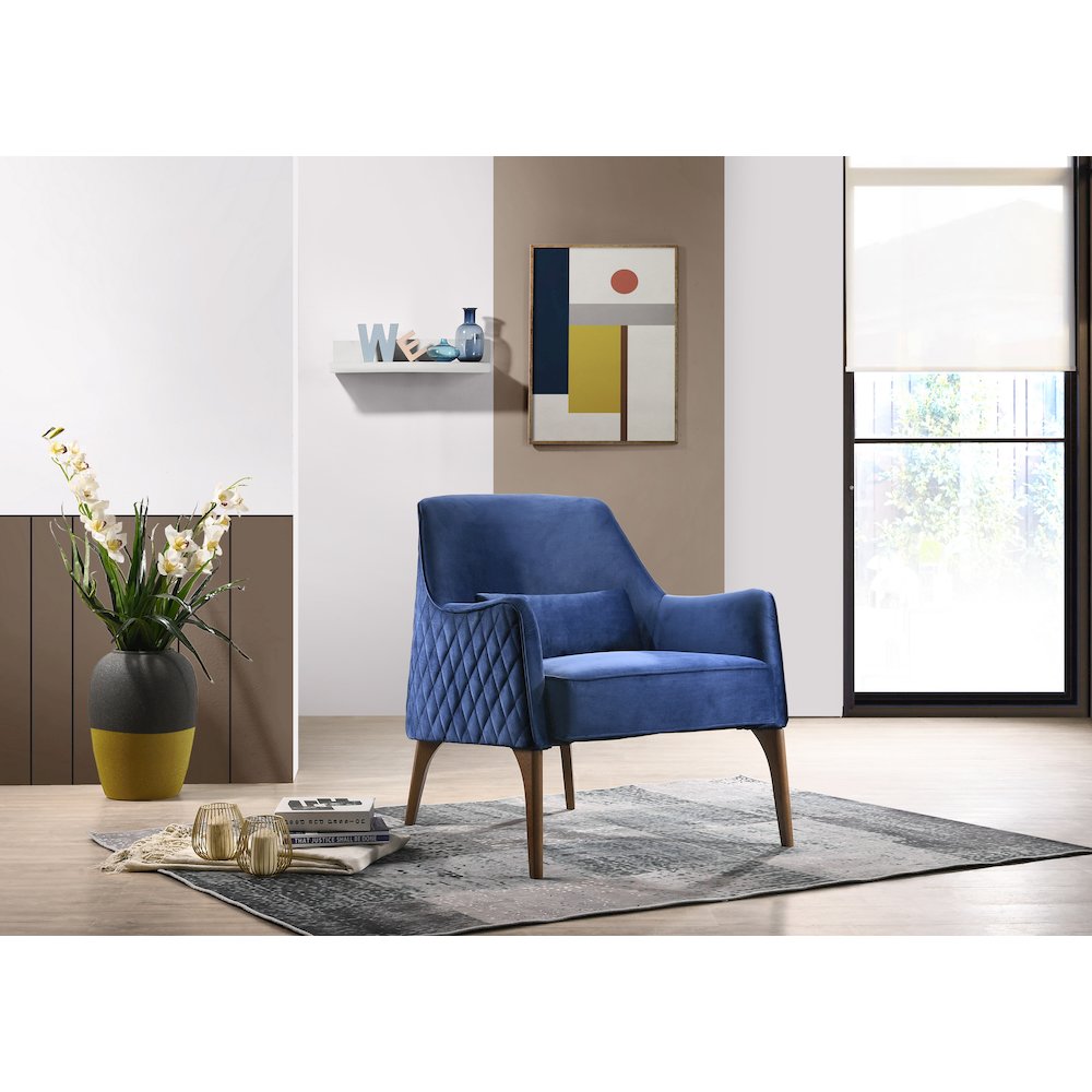 Jane Wood and Velvet Upholstered Lounge Accent Chair in Blue. Picture 6