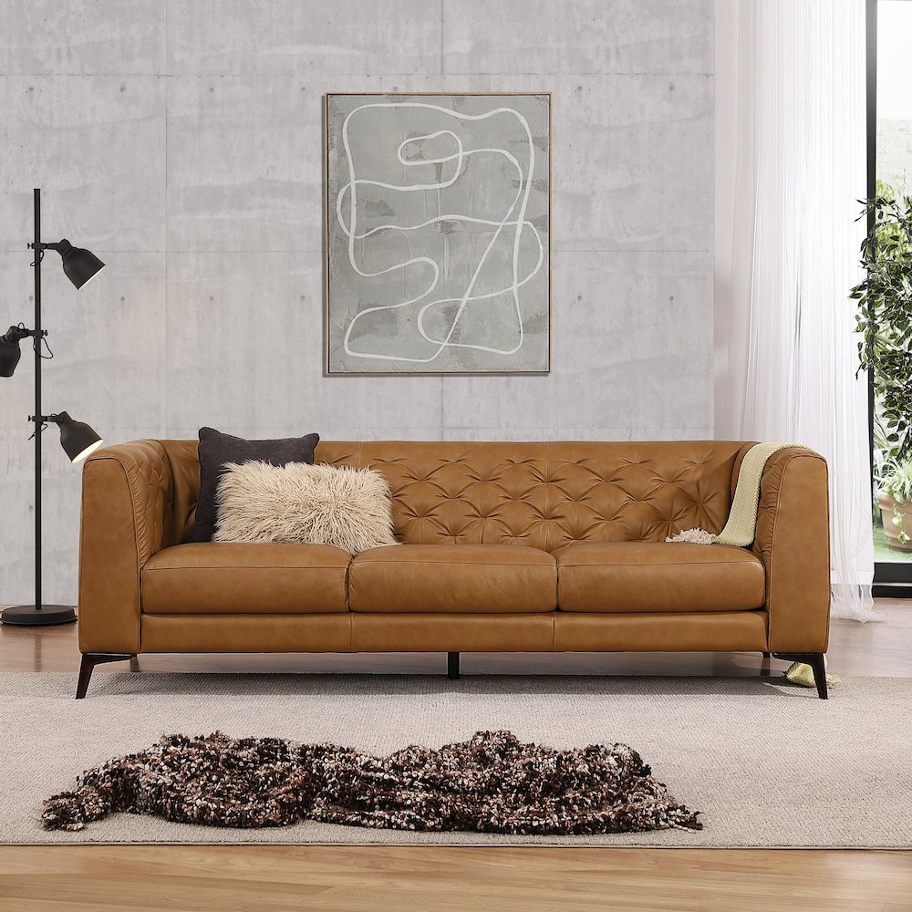 Havana 90" Mid Century Modern Tufted Genuine Leather Sofa in Tan. Picture 7