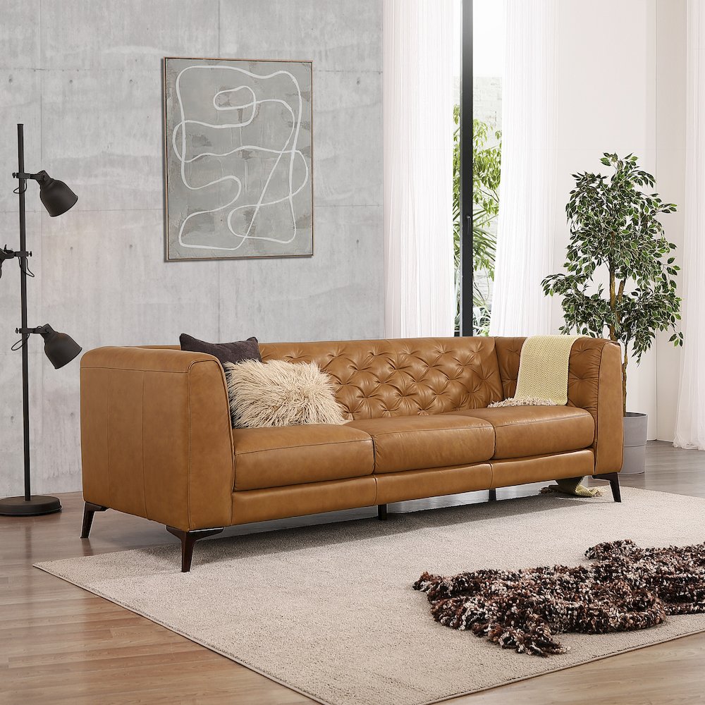Havana 90" Mid Century Modern Tufted Genuine Leather Sofa in Tan. Picture 8