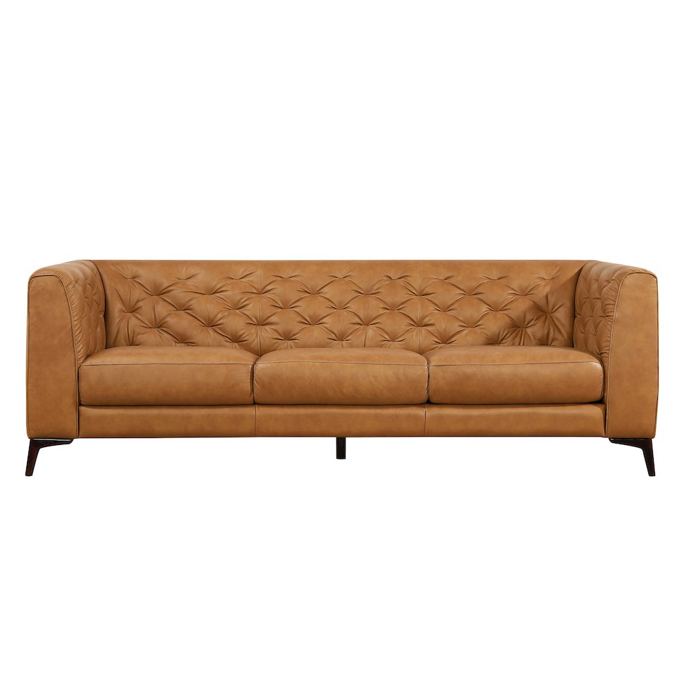 Havana 90" Mid Century Modern Tufted Genuine Leather Sofa in Tan. Picture 2