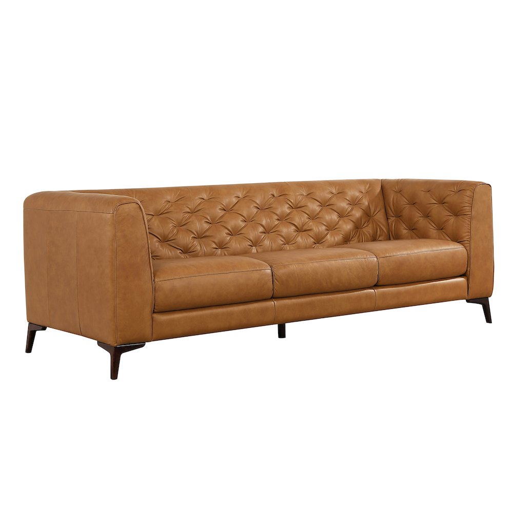 Havana 90" Mid Century Modern Tufted Genuine Leather Sofa in Tan. Picture 1