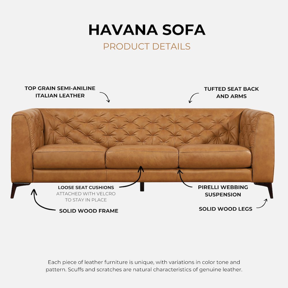 Havana 90" Mid Century Modern Tufted Genuine Leather Sofa in Tan. Picture 5