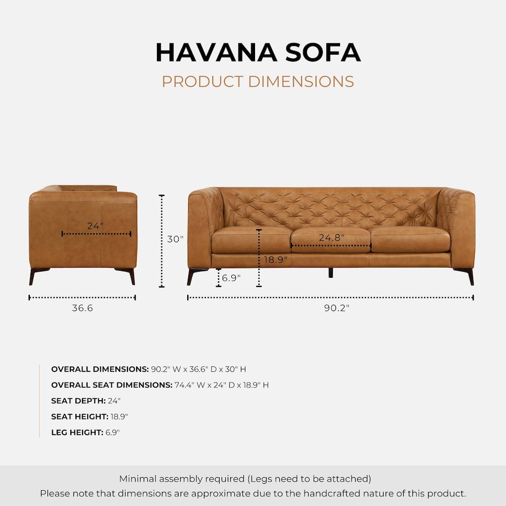 Havana 90" Mid Century Modern Tufted Genuine Leather Sofa in Tan. Picture 6