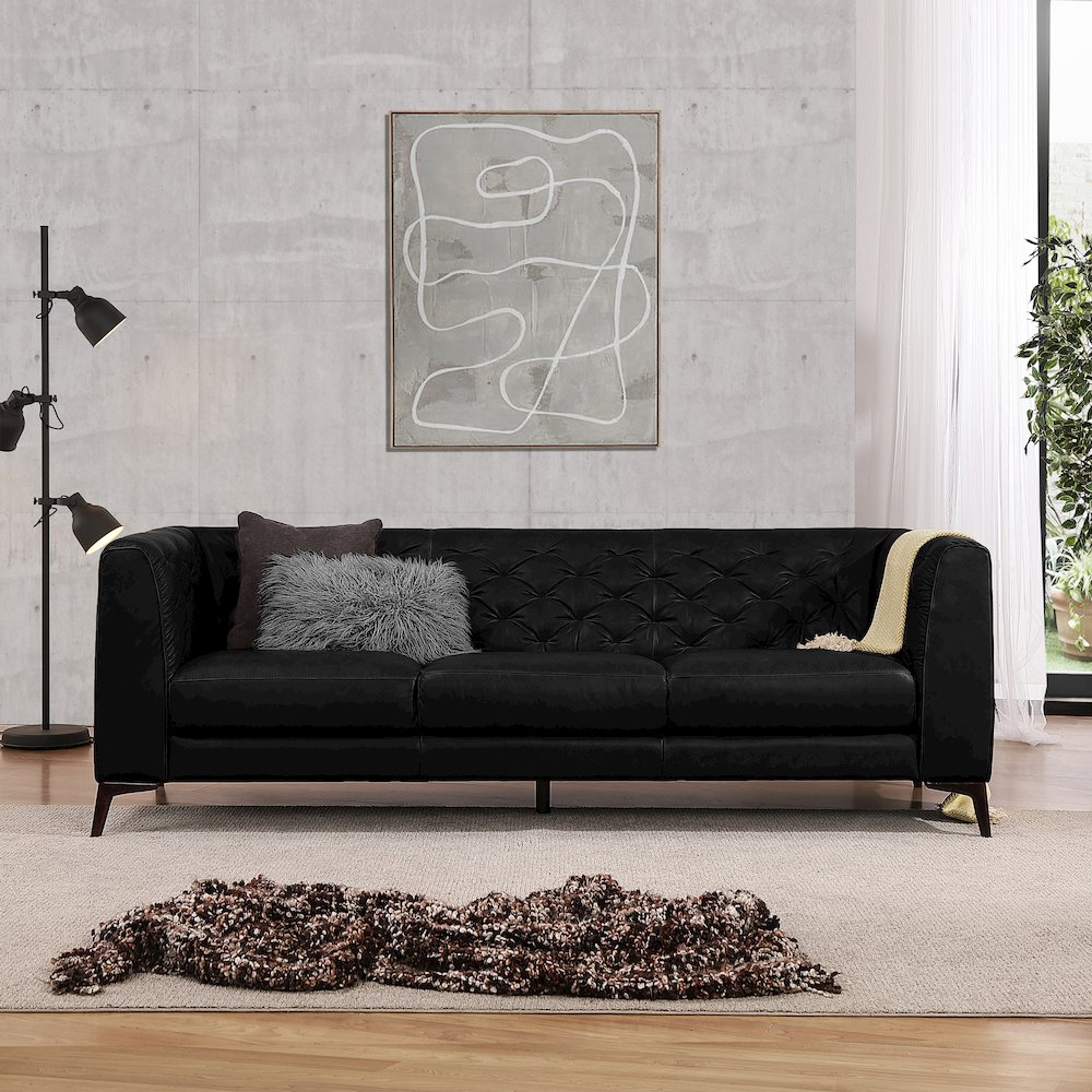 Havana 90" Mid Century Modern Tufted Genuine Leather Sofa in Black. Picture 8