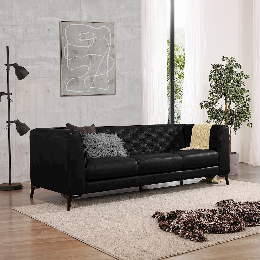 Havana 90" Mid Century Modern Tufted Genuine Leather Sofa in Black. Picture 7