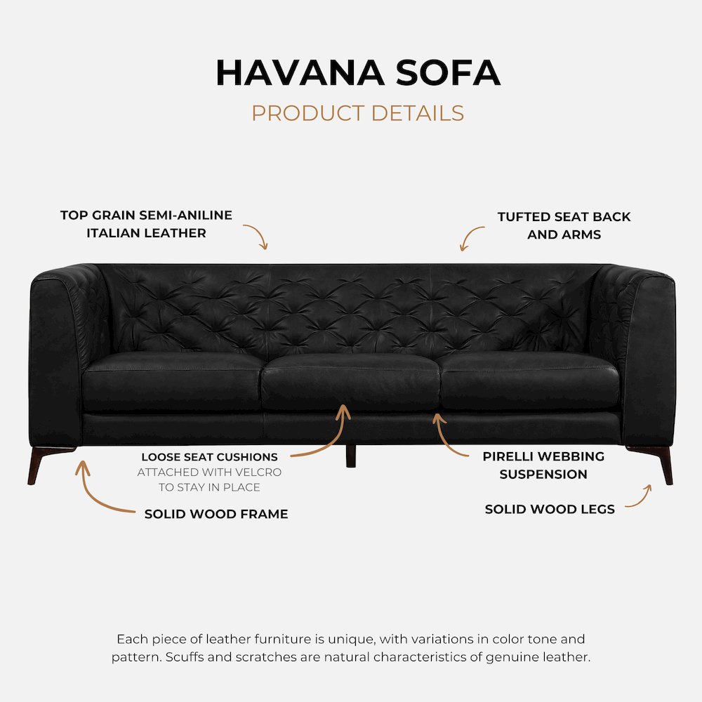 Havana 90" Mid Century Modern Tufted Genuine Leather Sofa in Black. Picture 5