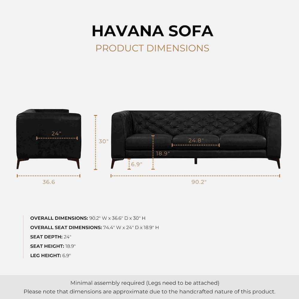 Havana 90" Mid Century Modern Tufted Genuine Leather Sofa in Black. Picture 6