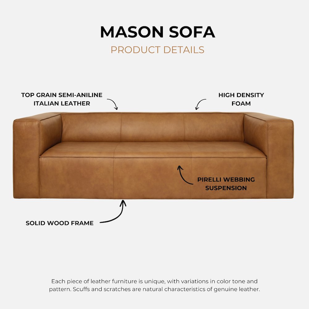 Mason 90" Modern Genuine Top Grain Leather Sofa in Tan. Picture 7