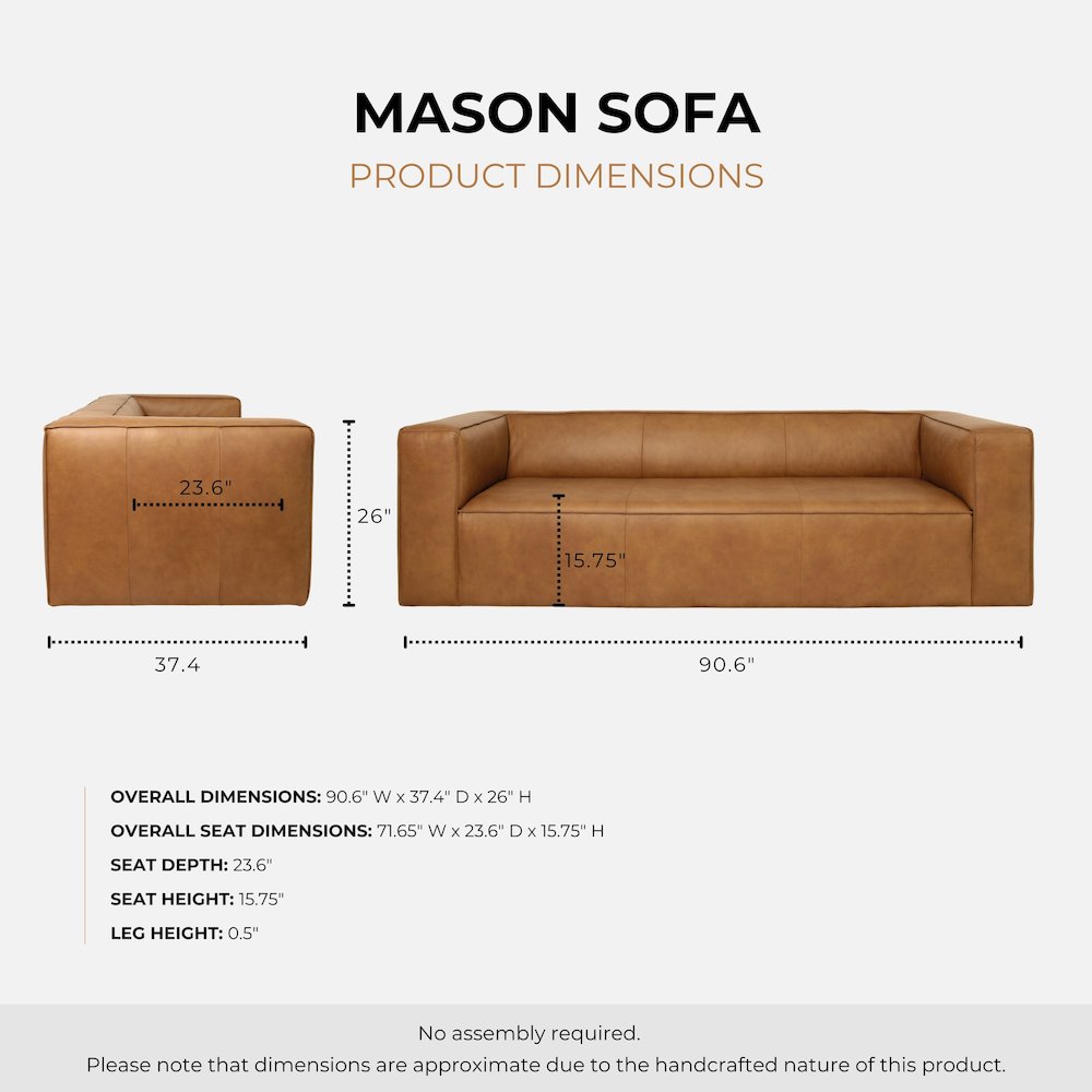 Mason 90" Modern Genuine Top Grain Leather Sofa in Tan. Picture 8