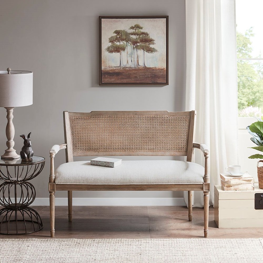 Madison Park Willshire Natural Rattan Settee With Padded Arm Rest Beige 47.25". Picture 2