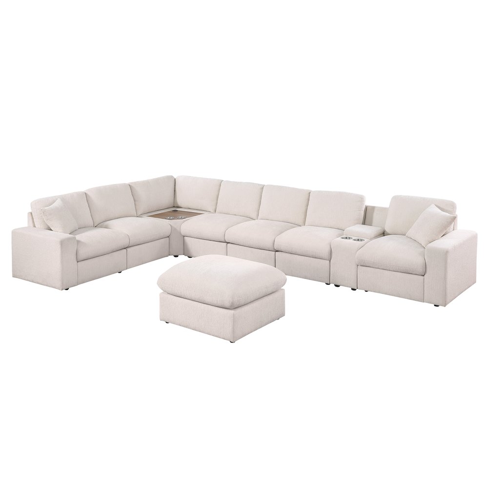 Sectional Sofa With Table Cupholder Console, USB Port Ottoman - Beige Chenille. Picture 1