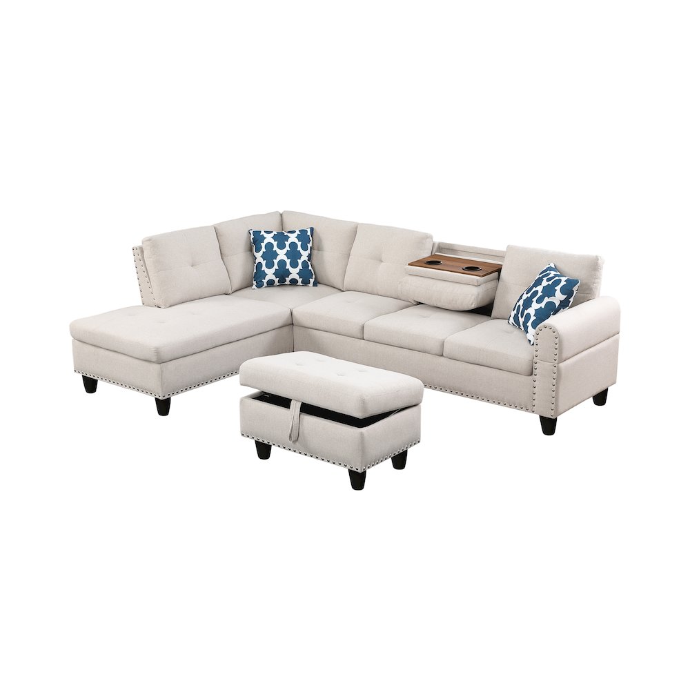 Devion Furniture Polyester Fabric Sectional Sofa with Ottoman-Beige. Picture 9