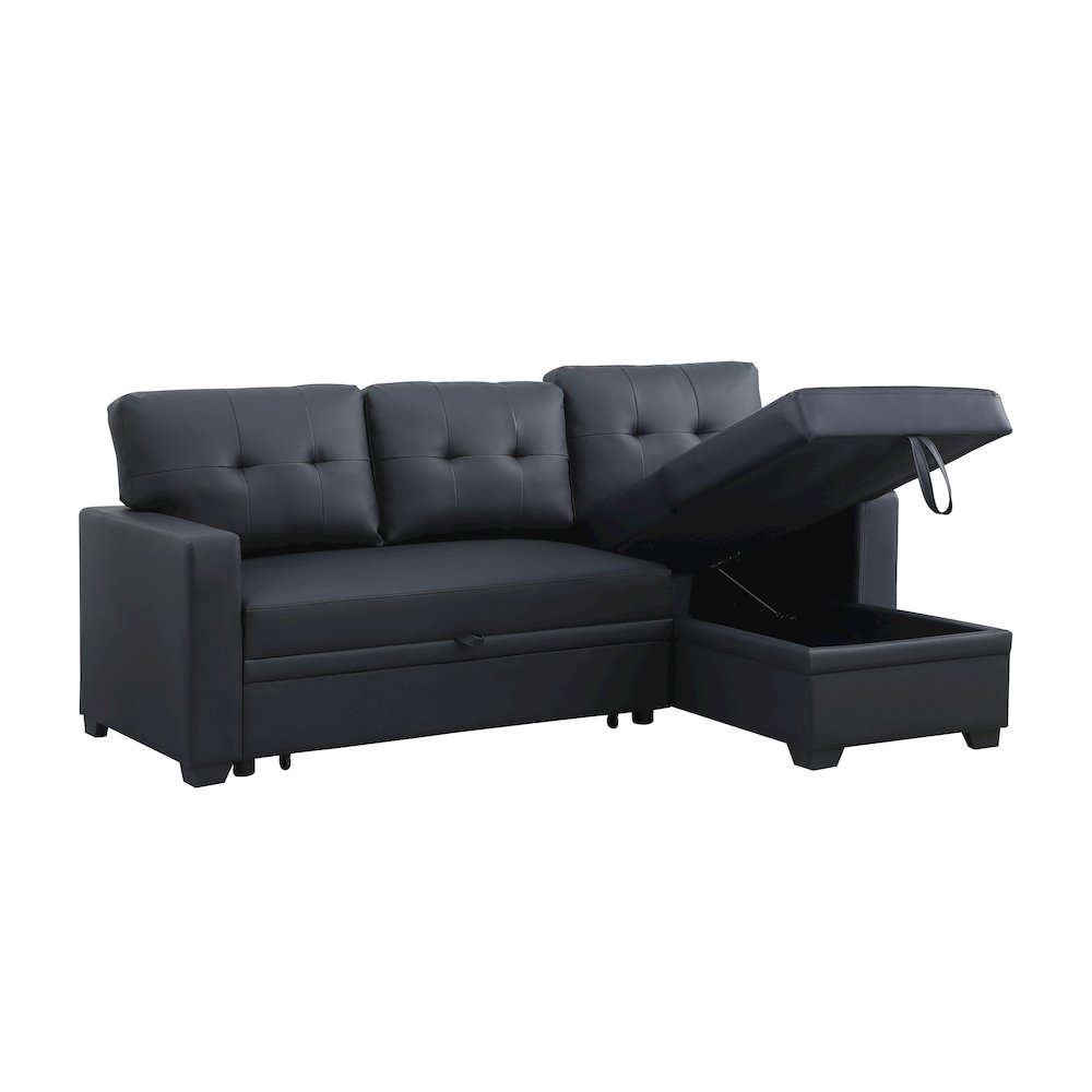 Devion Furniture Faux Leather Reversible Sleeper Sectional Sofa-Black. Picture 1
