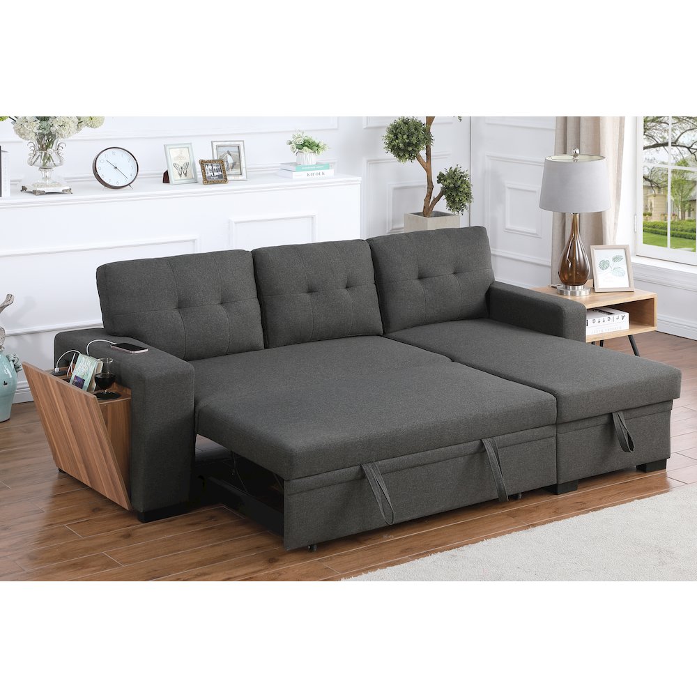 Fabric Reversible Modern Side Compartment Sleeper Sectional Sofa Bed-Dark Gray. Picture 14