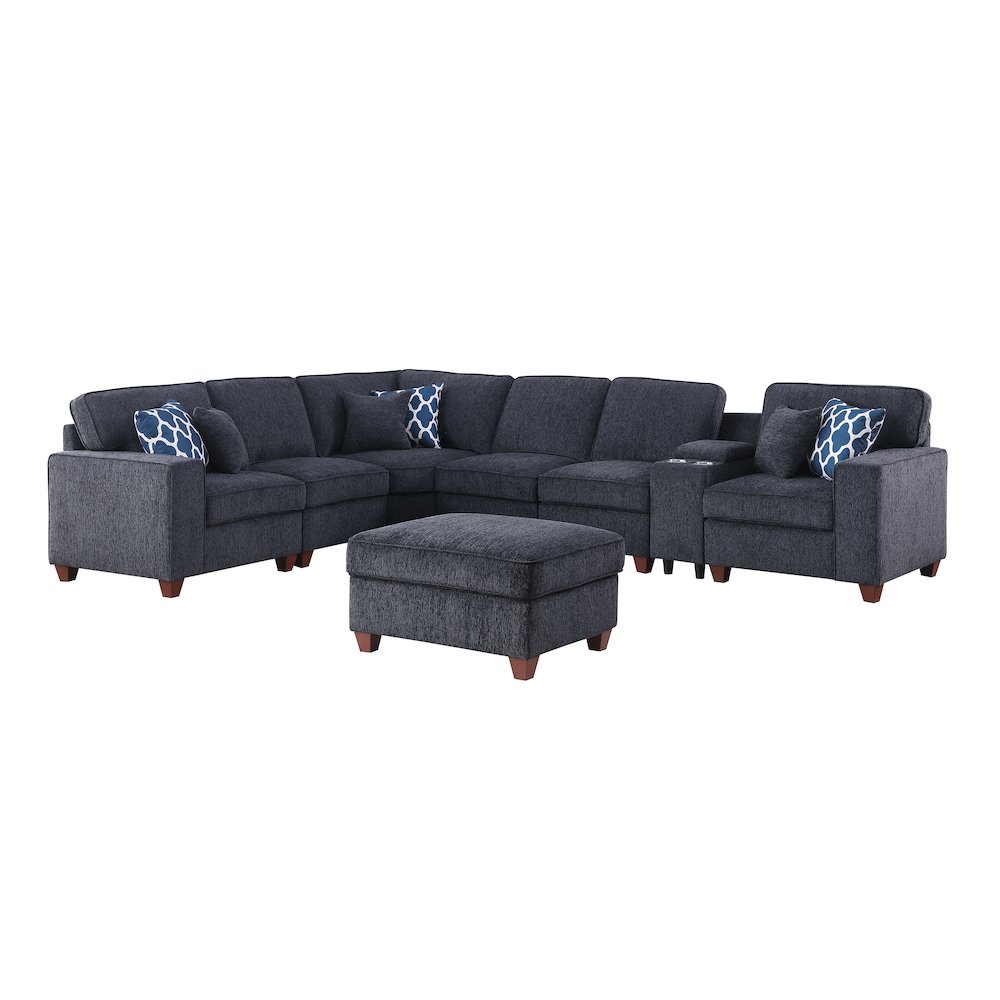 8 - Piece Chenille Fabric Upholstered Sectional With Console & Ottoman-Black. Picture 1