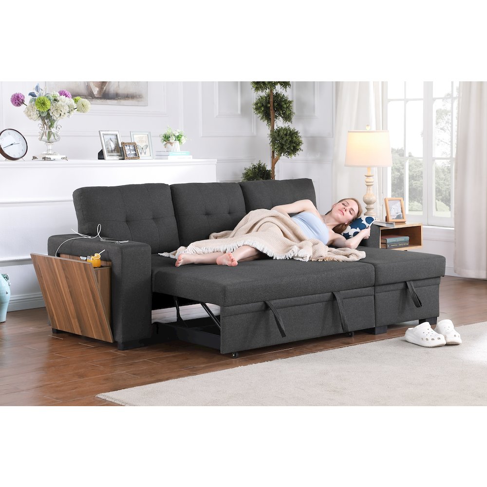 Fabric Reversible Modern Side Compartment Sleeper Sectional Sofa Bed-Dark Gray. Picture 21
