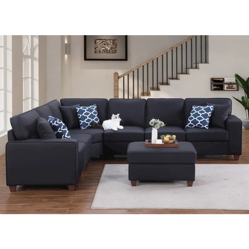 Shayle Artificial Leather Modular Sectional With Ottoman - Black. Picture 3
