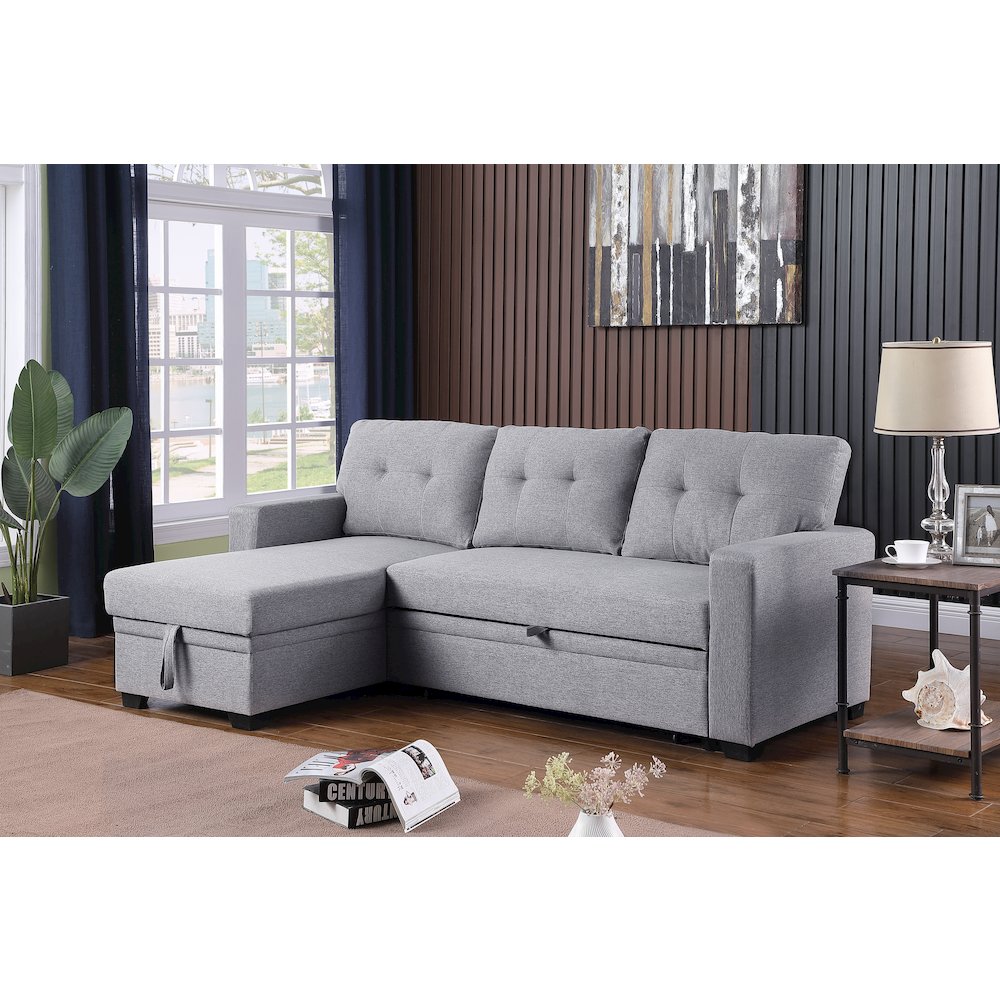 Devion Furniture Polyester Fabric Reversible Sleeper Sectional Sofa - Light Gray. Picture 7