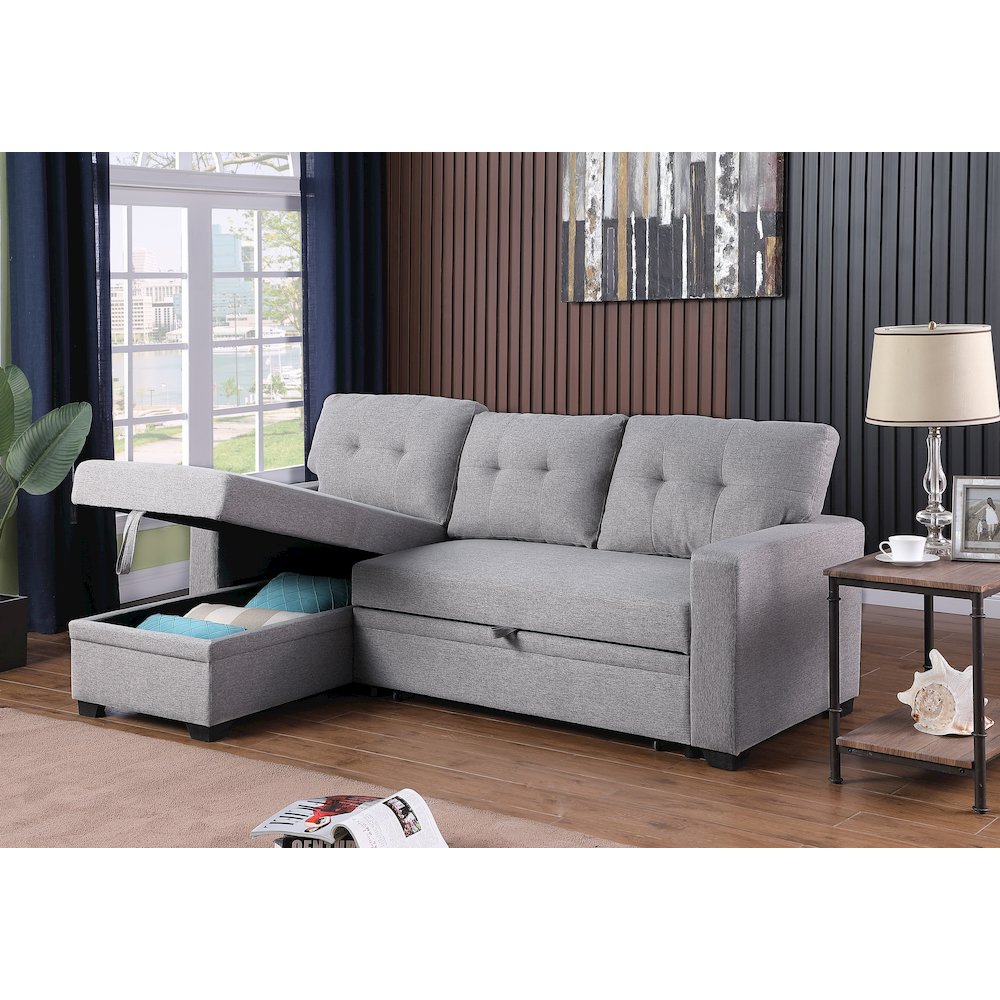 Devion Furniture Polyester Fabric Reversible Sleeper Sectional Sofa - Light Gray. Picture 2
