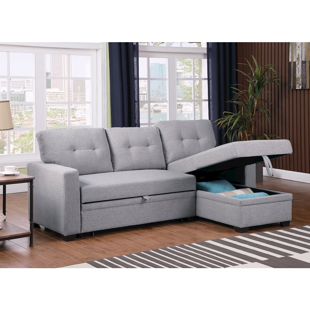 Devion Furniture Polyester Fabric Reversible Sleeper Sectional Sofa - Light Gray. Picture 8