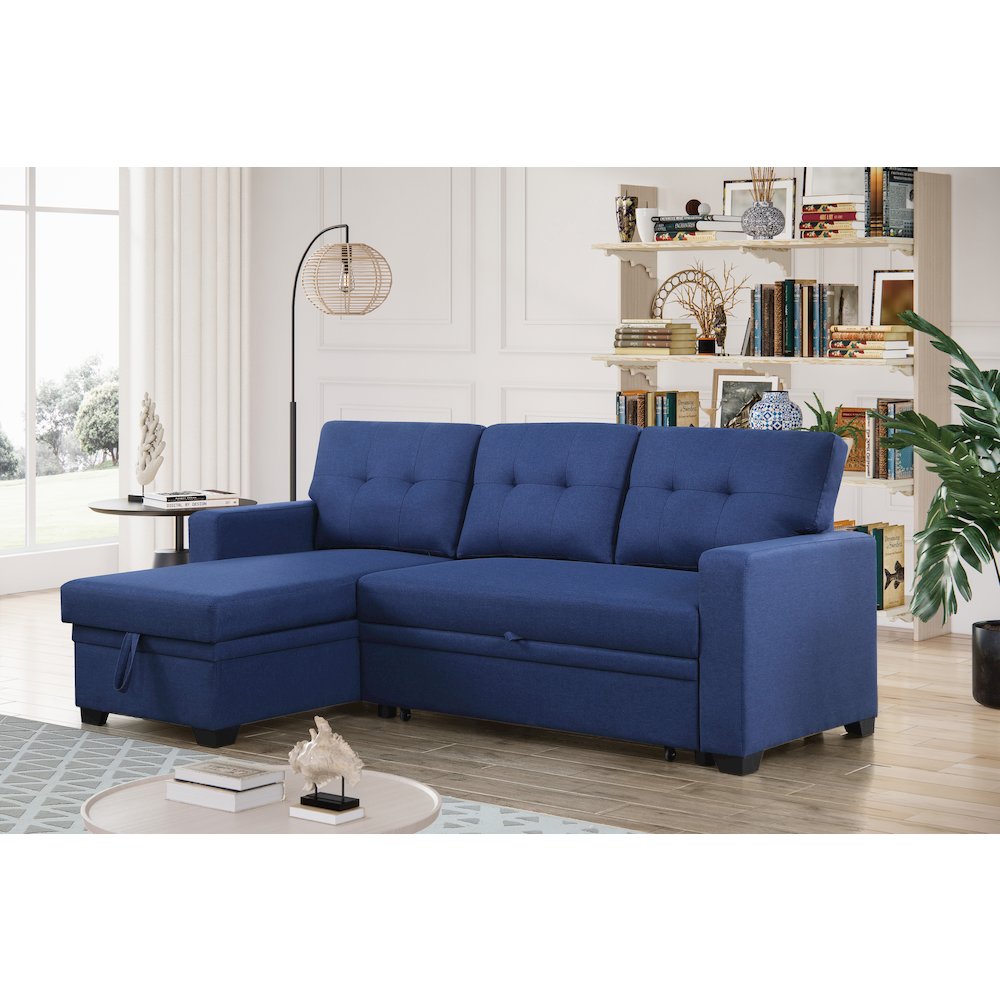 Devion Furniture Polyester Fabric Reversible Sleeper Sectional Sofa-Blue. Picture 1