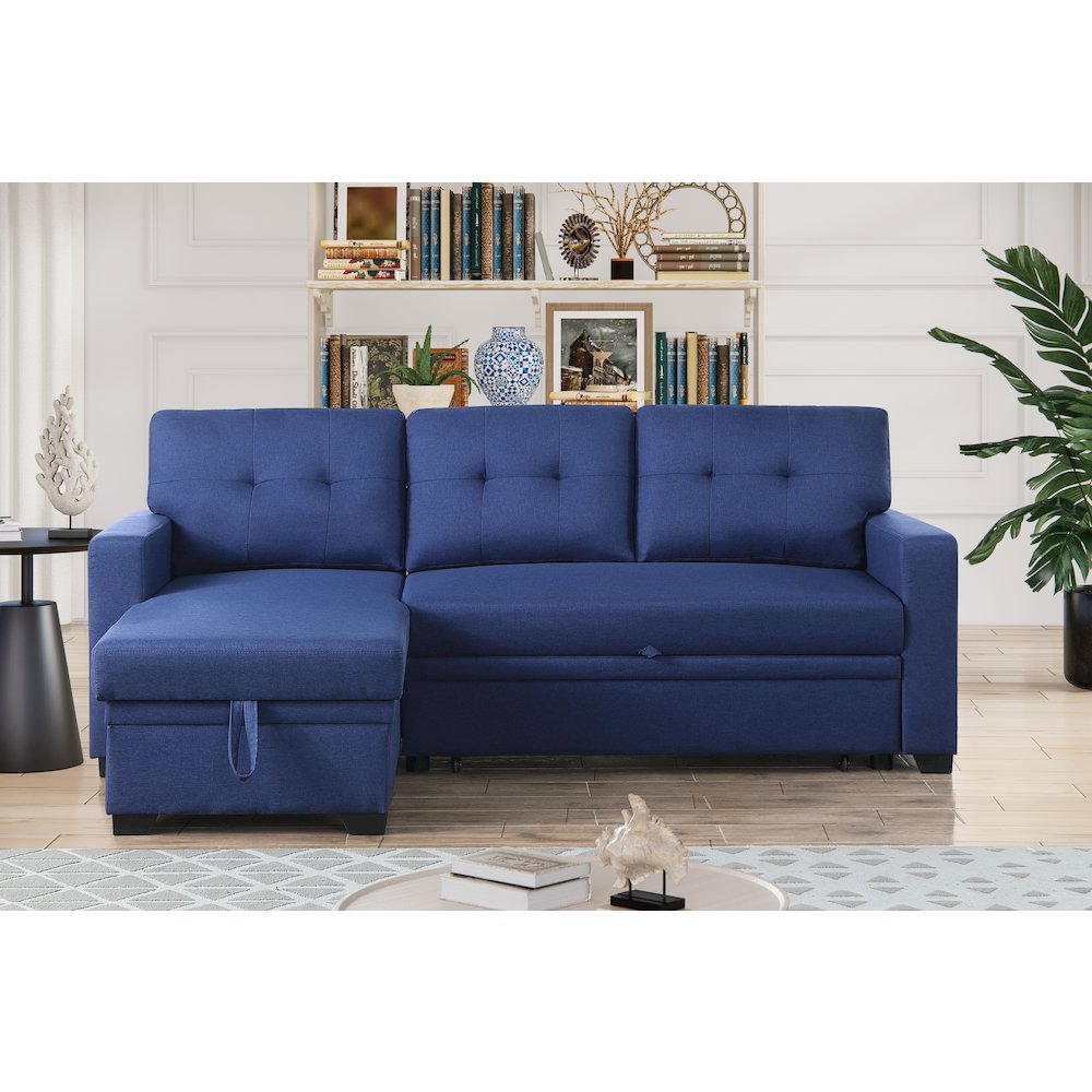 Devion Furniture Polyester Fabric Reversible Sleeper Sectional Sofa-Blue. Picture 2