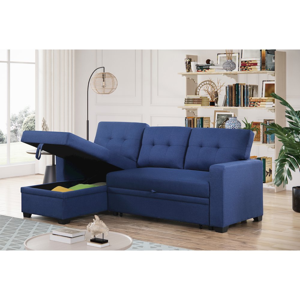 Devion Furniture Polyester Fabric Reversible Sleeper Sectional Sofa-Blue. Picture 4