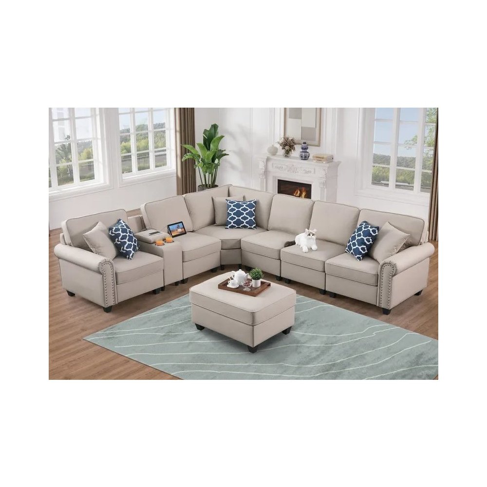 Artificial Leather Modular Sectional Sofa with ottoman and cupholder console. Picture 8