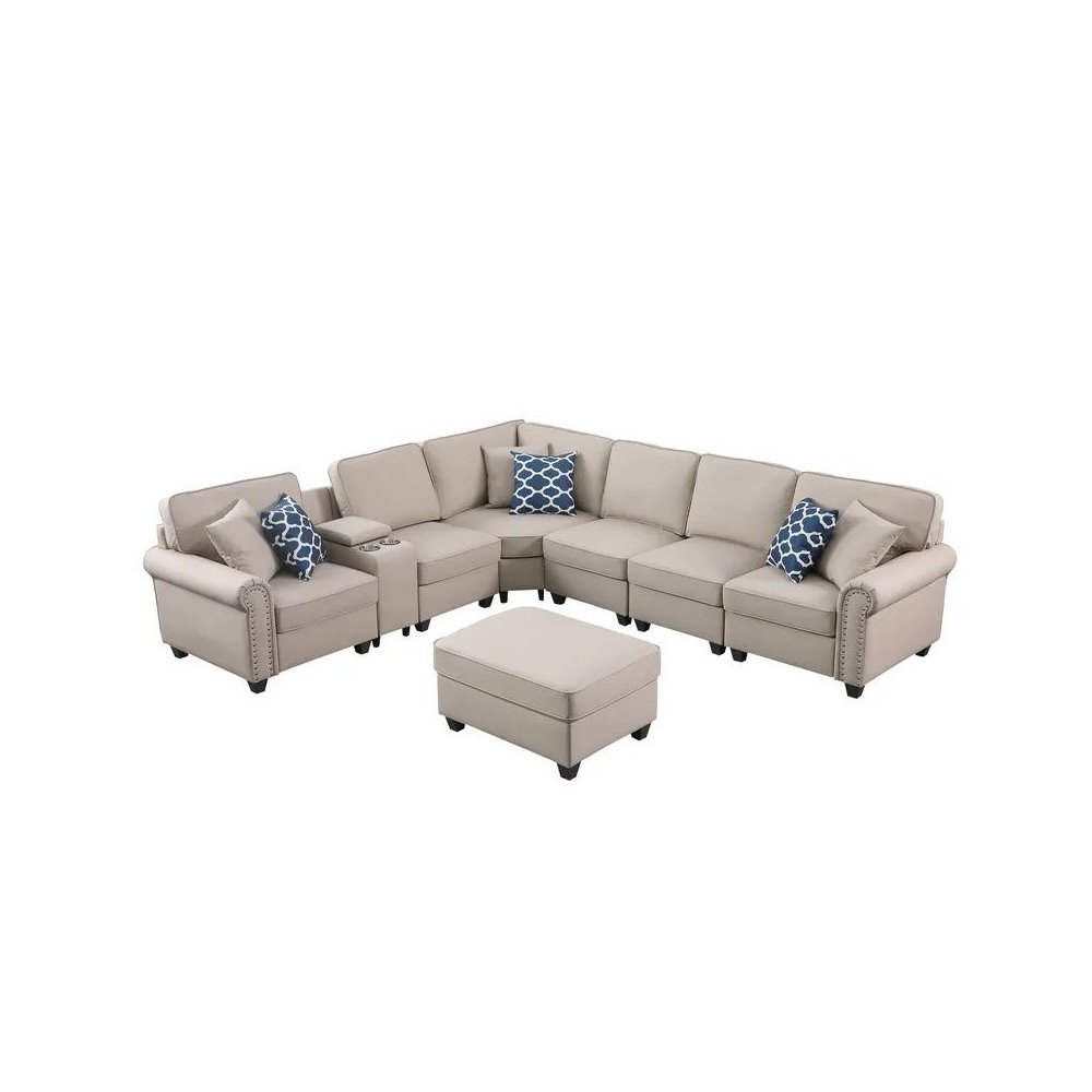 Artificial Leather Modular Sectional Sofa with ottoman and cupholder console. Picture 3