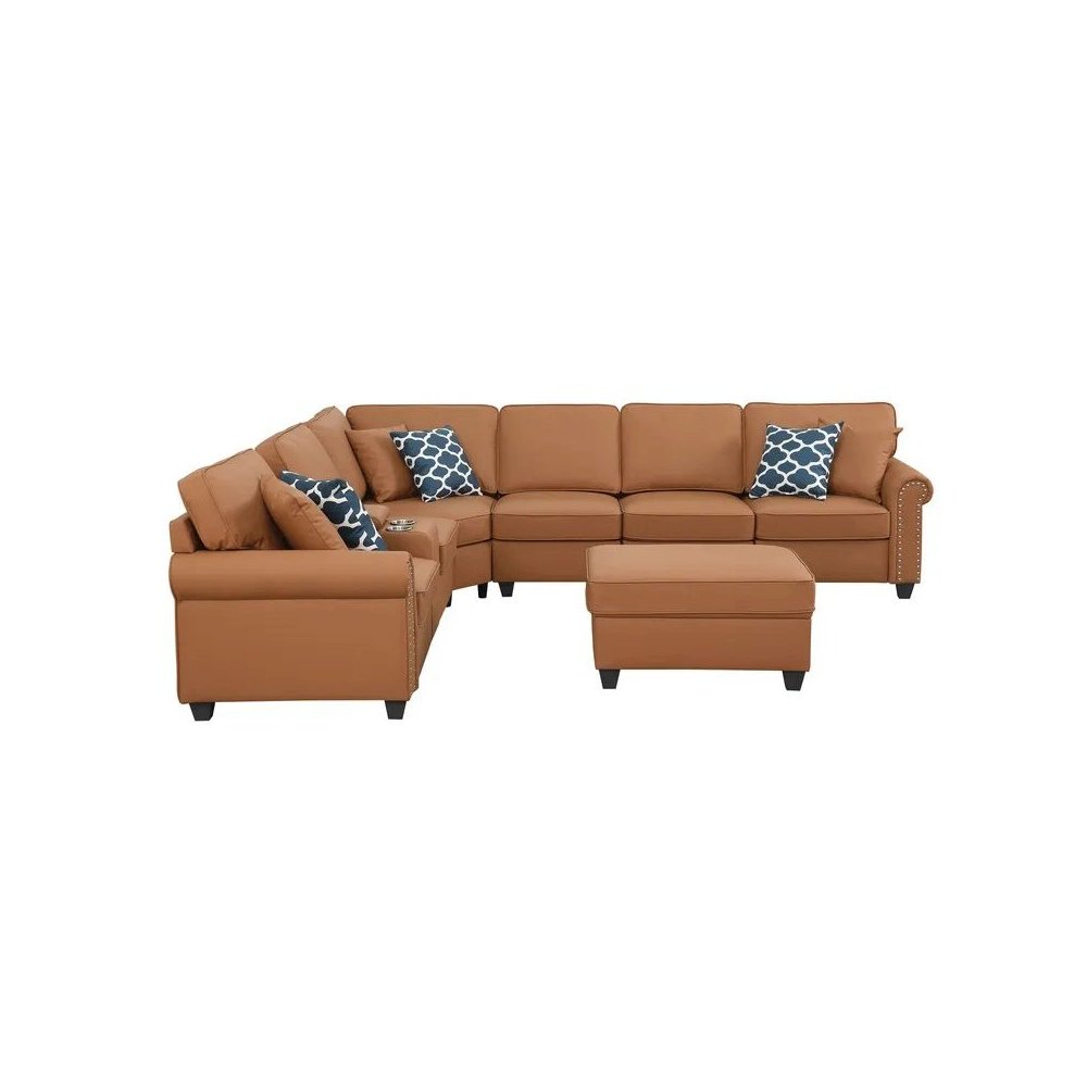 Artificial Leather Modular Sectional Sofa with ottoman and cupholder console. Picture 4