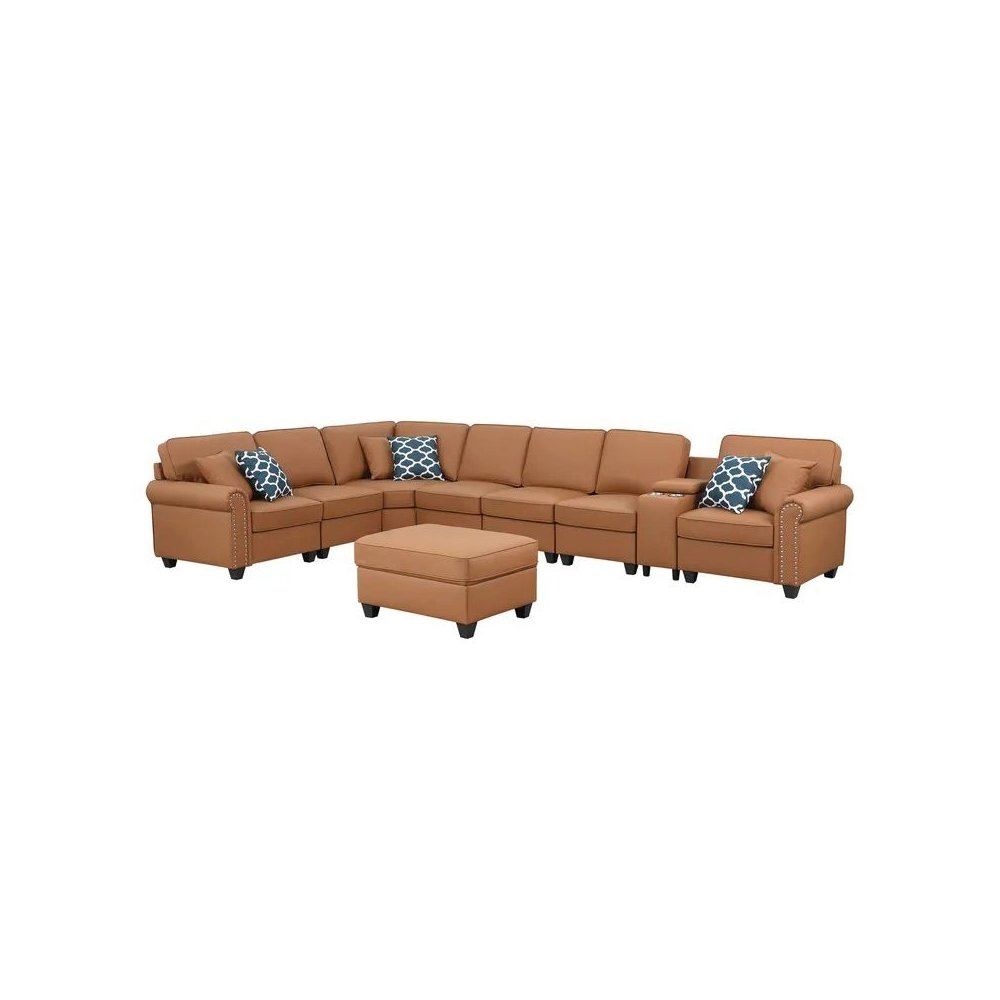 Ella Faux Leather Modular Sectional Sofa with ottoman and cupholder console. Picture 5